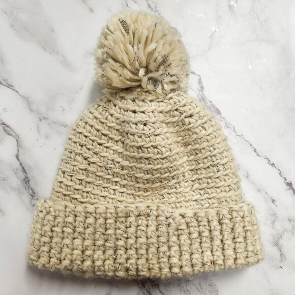 Universal Thread Winter Scarf Beige Chunky Knit Beanie Fleece Lined Pom Pom OS - Picture 2 of 5